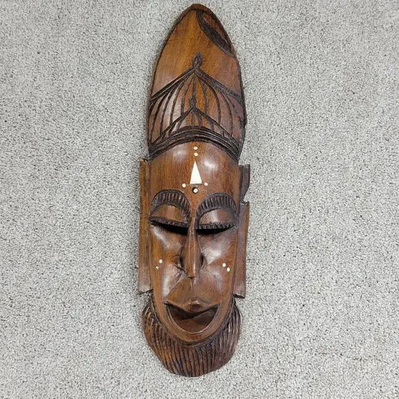 Vintage African Tribal Mask 19" Wood Hand Carved Face Natural Inlaid Art Decor